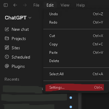 ChatGPT Desktop Edit menu with Settings highlighted