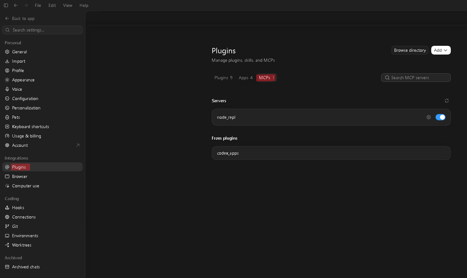 ChatGPT Desktop Plugins settings with the MCPs tab highlighted