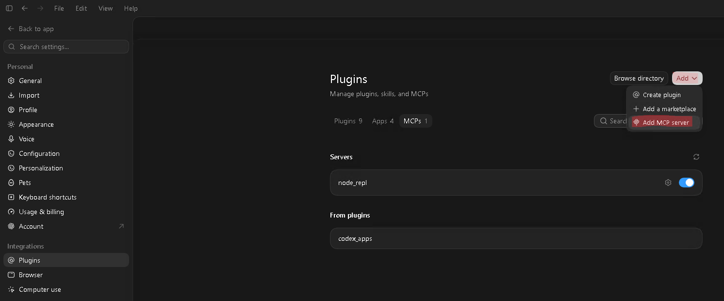 ChatGPT Desktop Add menu with Add MCP server highlighted