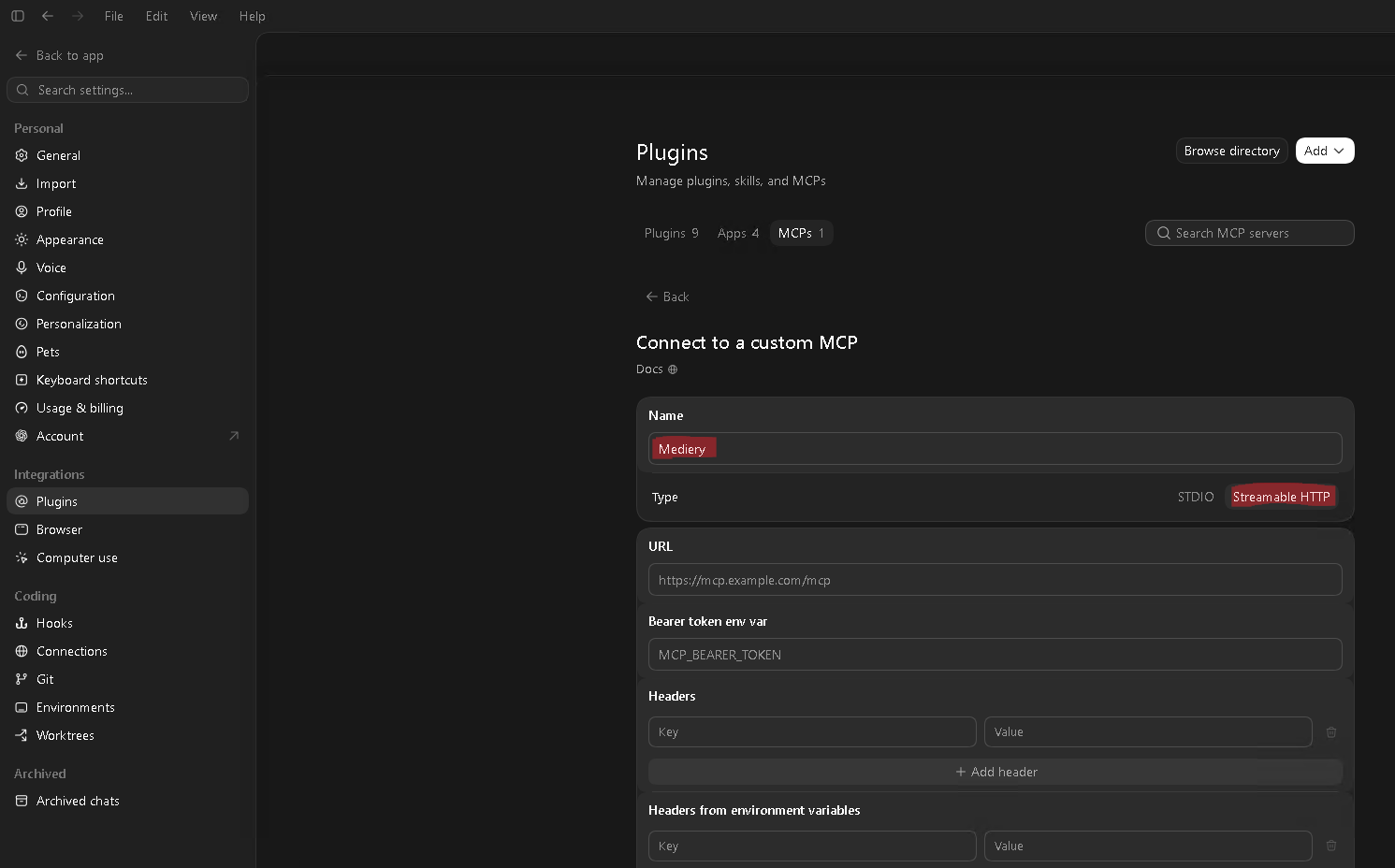 Custom MCP server form showing the Mediery name and Streamable HTTP type