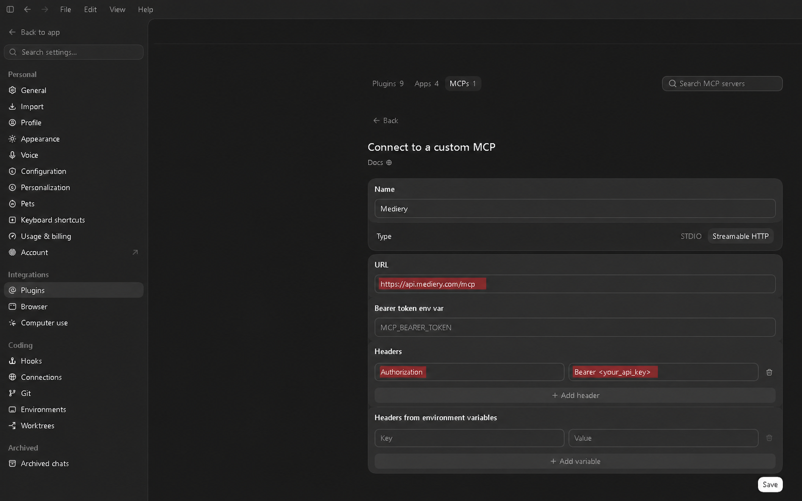 Custom MCP server form with a redacted example Authorization header