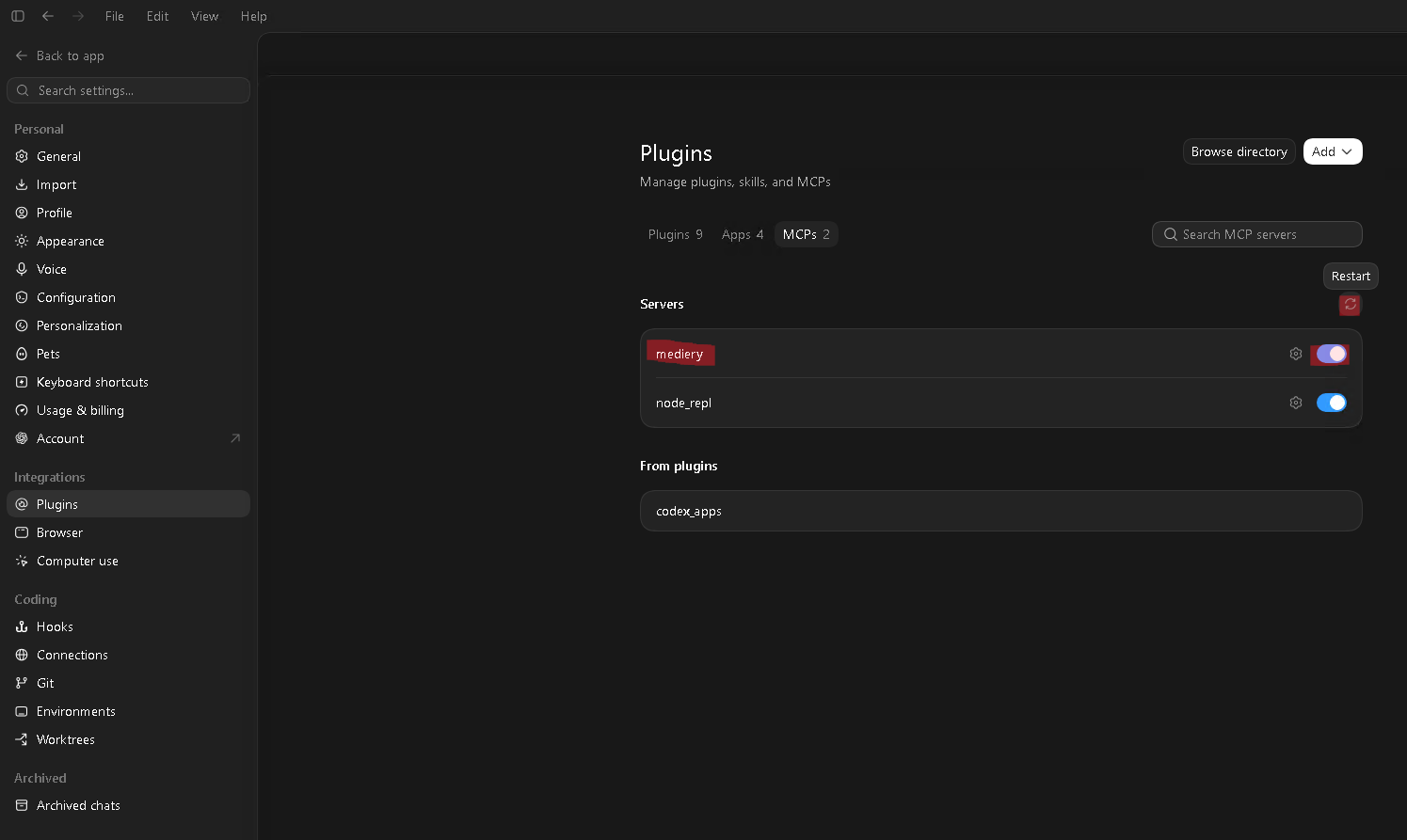 ChatGPT Desktop MCP server list with Mediery enabled and Restart highlighted