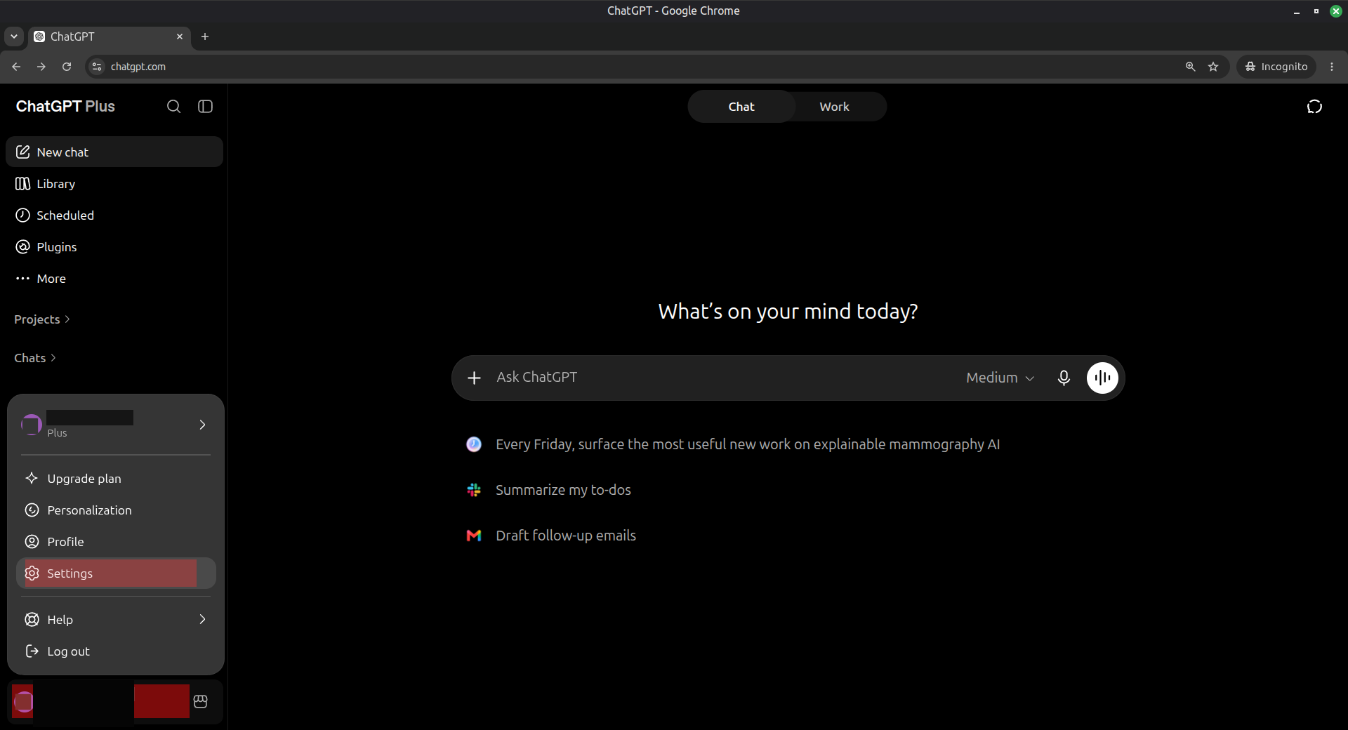 ChatGPT profile menu with Settings highlighted