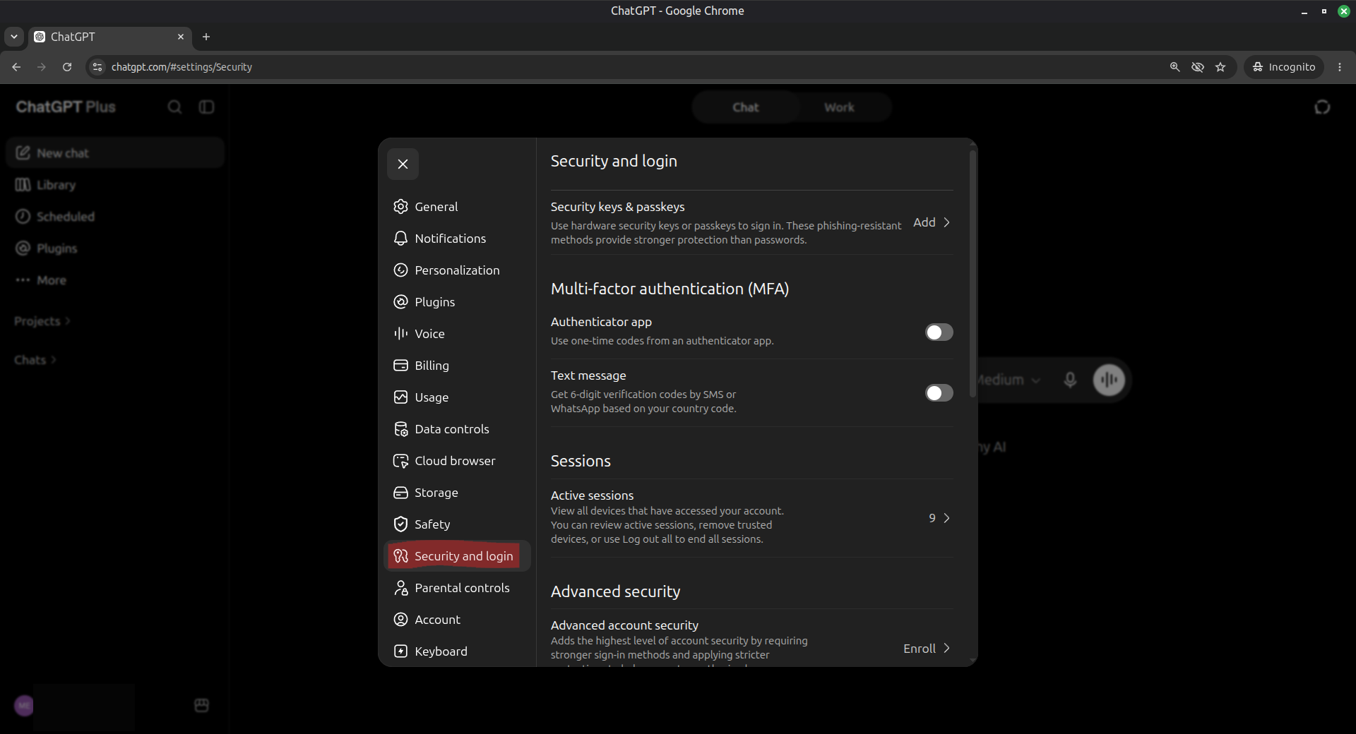 ChatGPT settings with Security and login highlighted