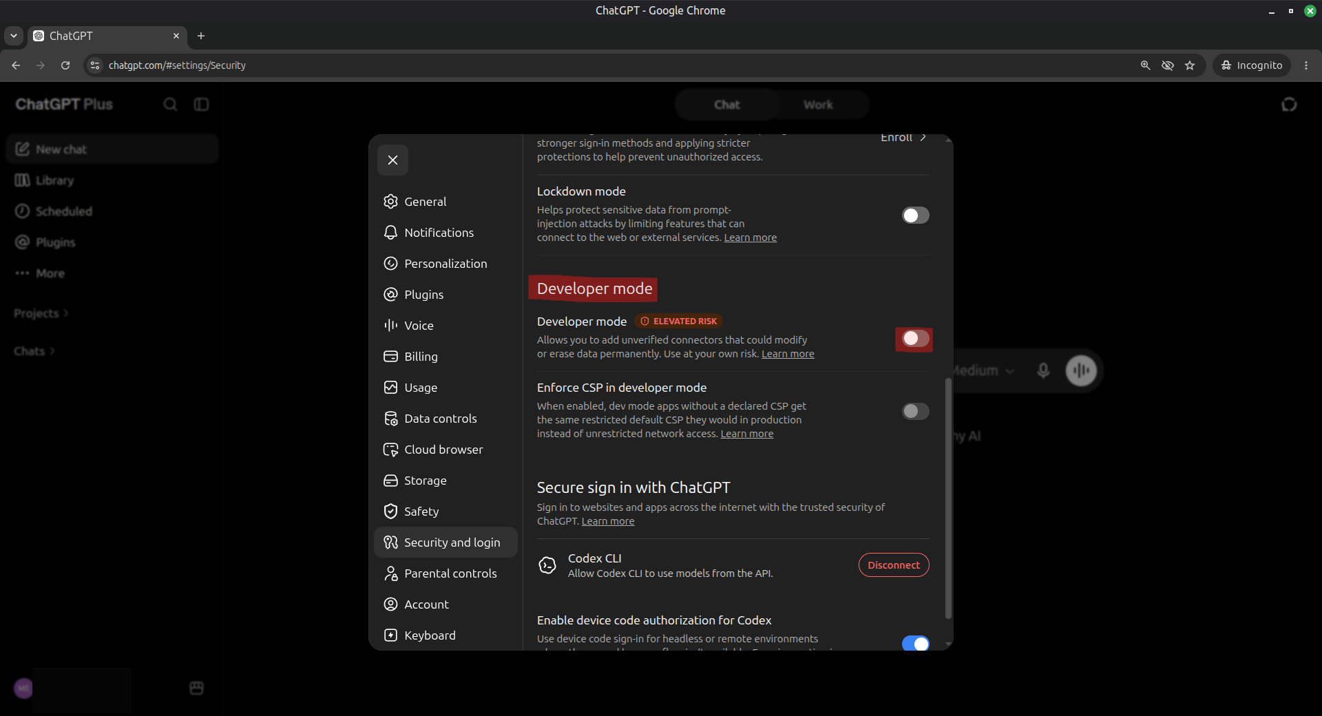 ChatGPT Security and login settings showing the Developer mode switch