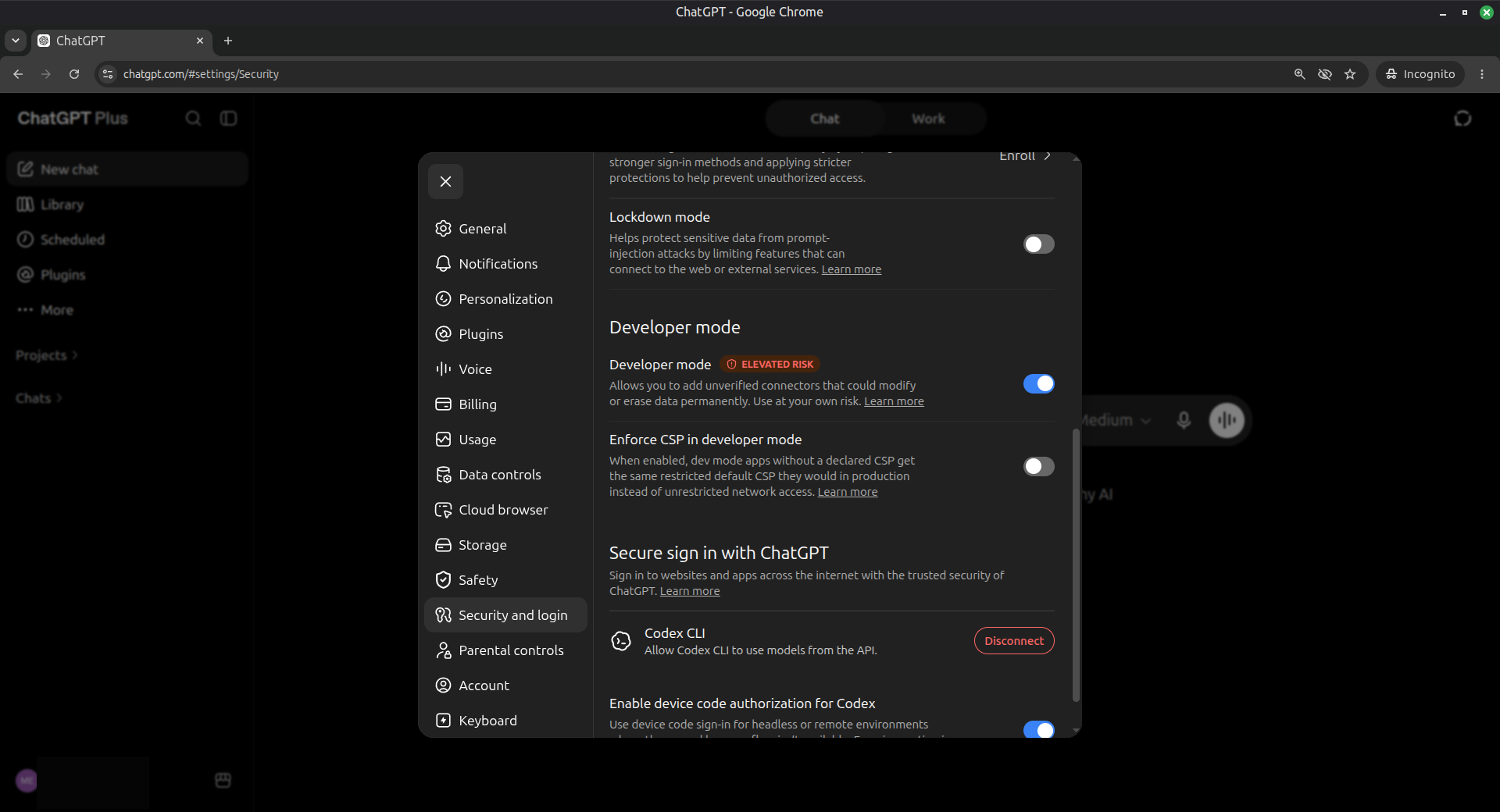 ChatGPT settings with Developer mode enabled