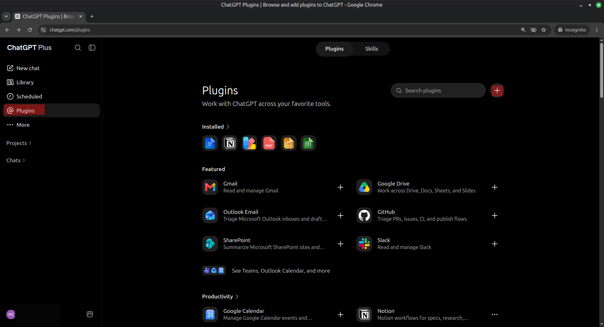 ChatGPT Plugins page with the add button highlighted