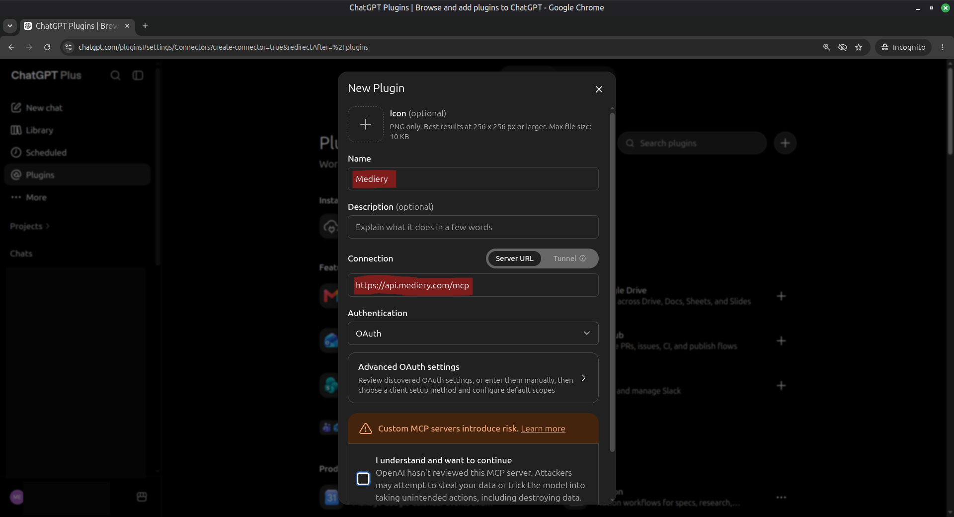 ChatGPT New Plugin form configured with the Mediery MCP server URL and OAuth