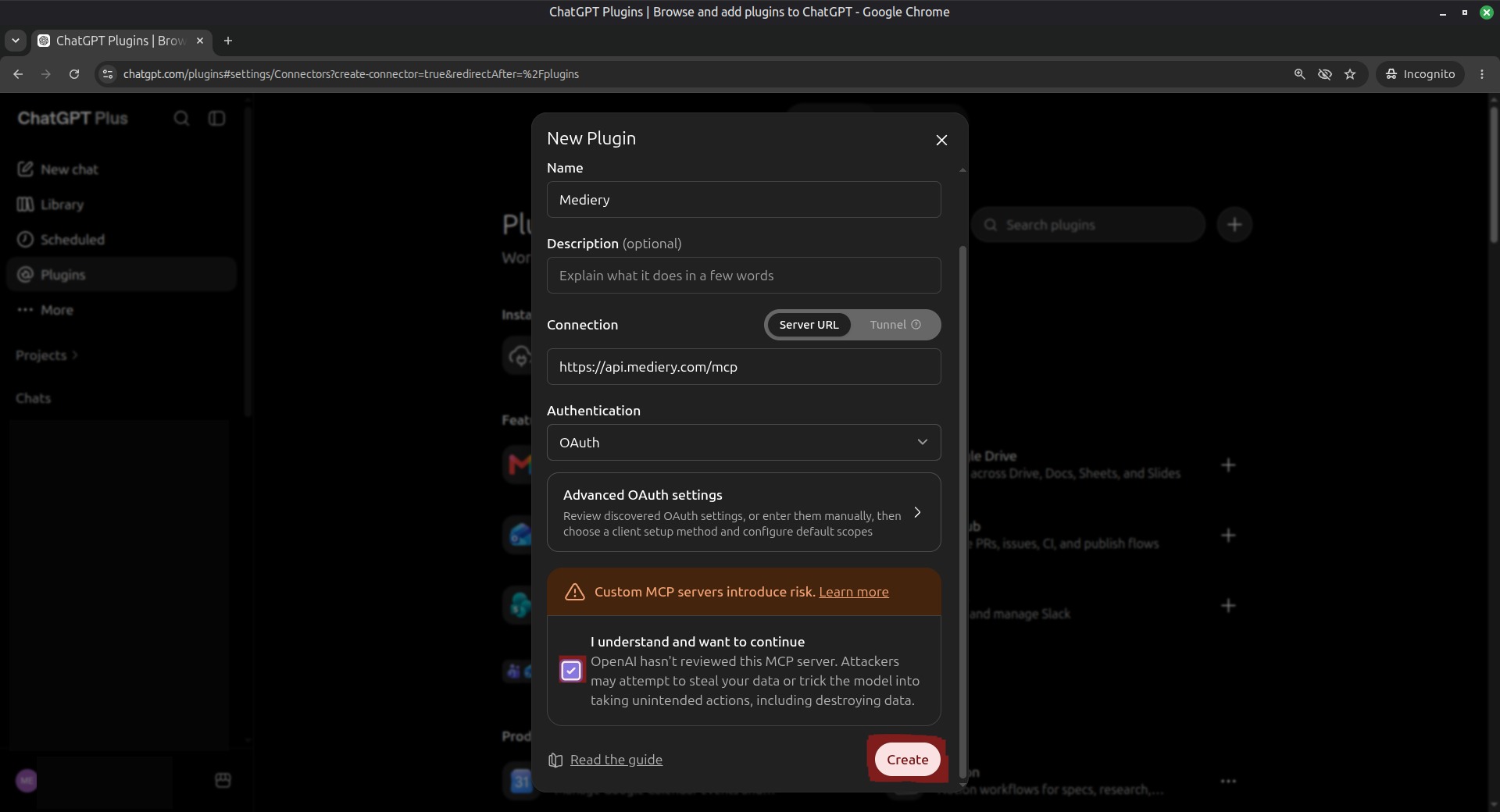 ChatGPT New Plugin form with the confirmation selected and Create highlighted