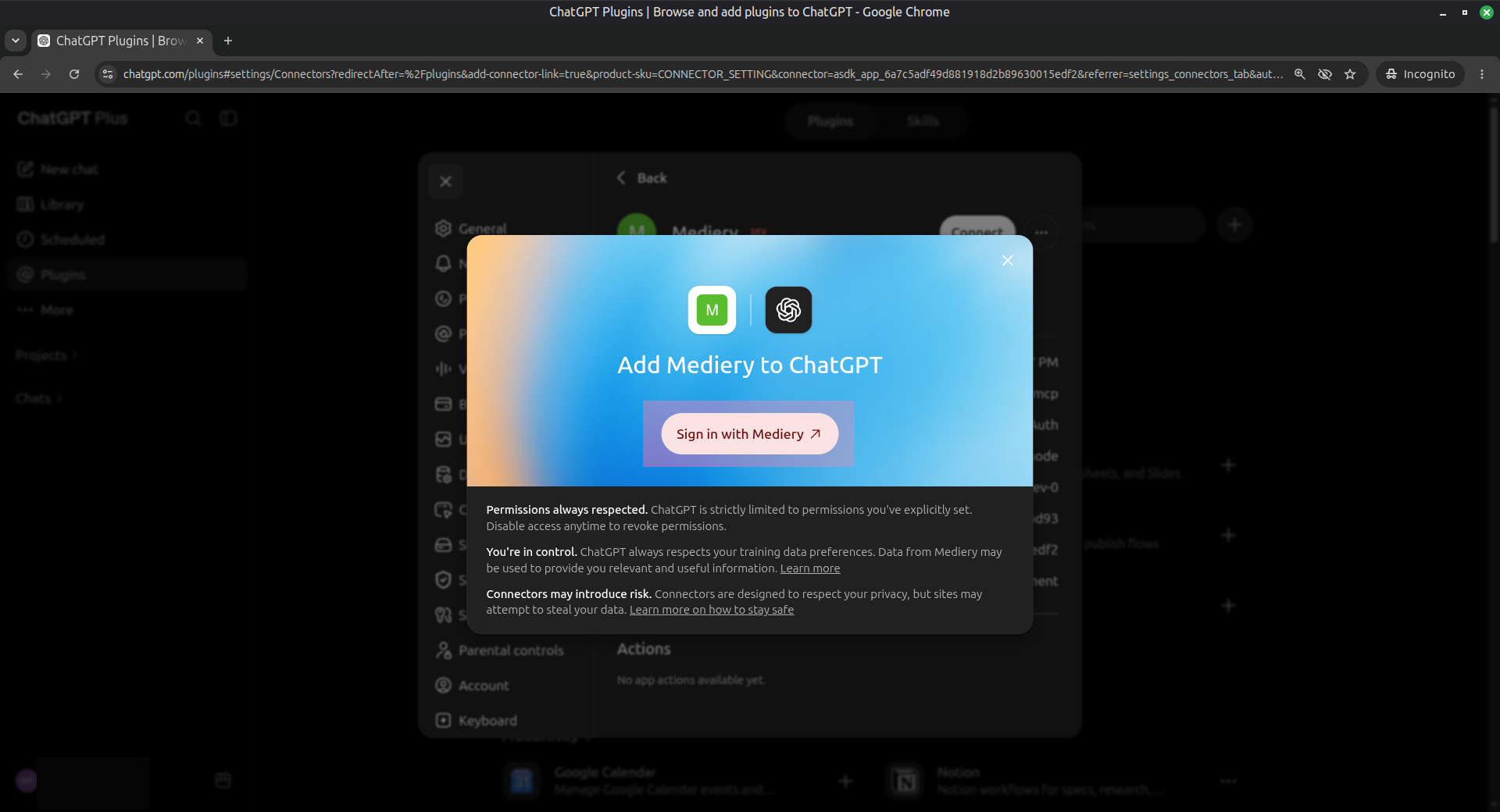 Add Mediery to ChatGPT dialog with Sign in with Mediery highlighted