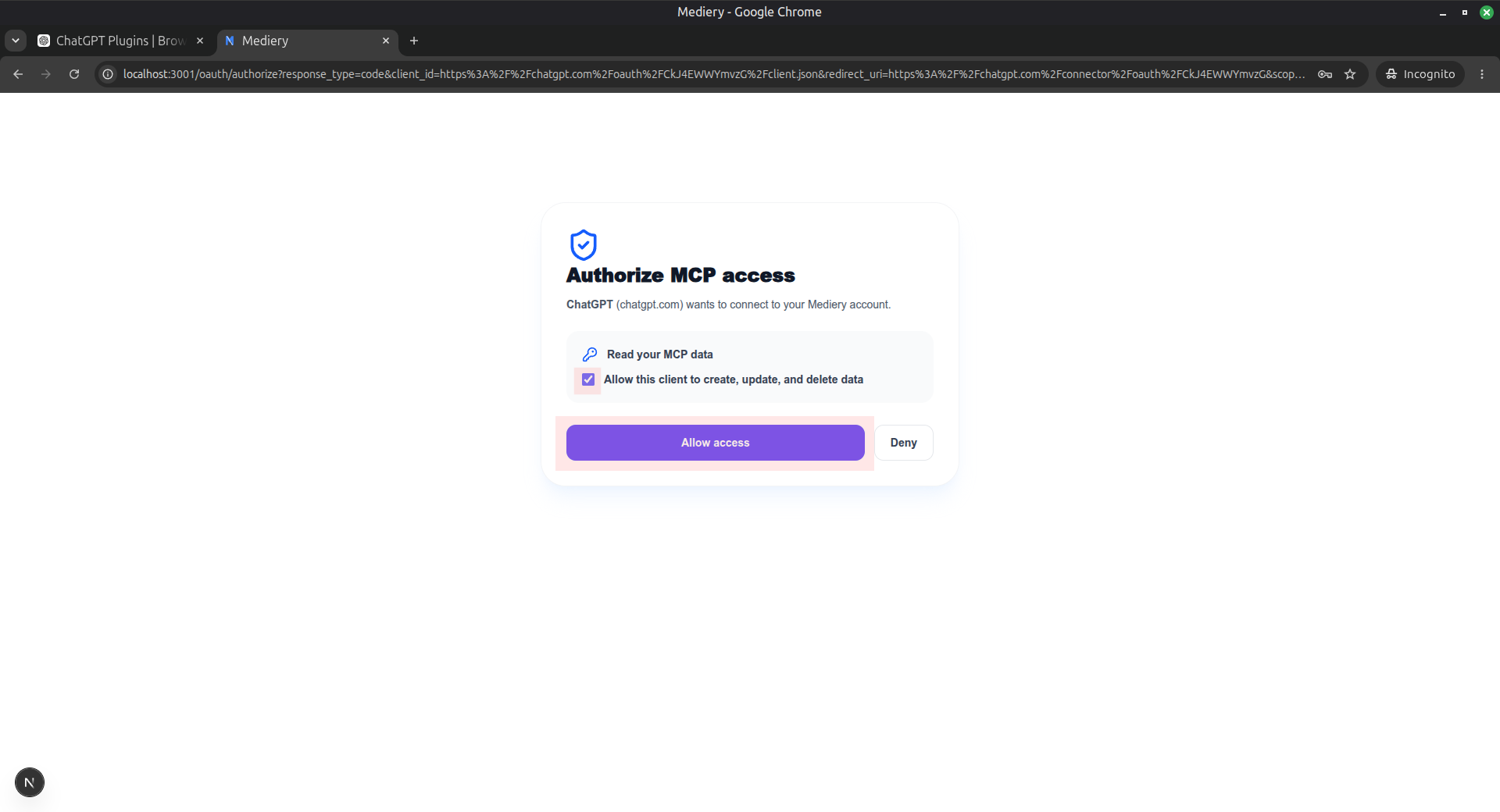 Mediery authorization page with optional write access and Allow access