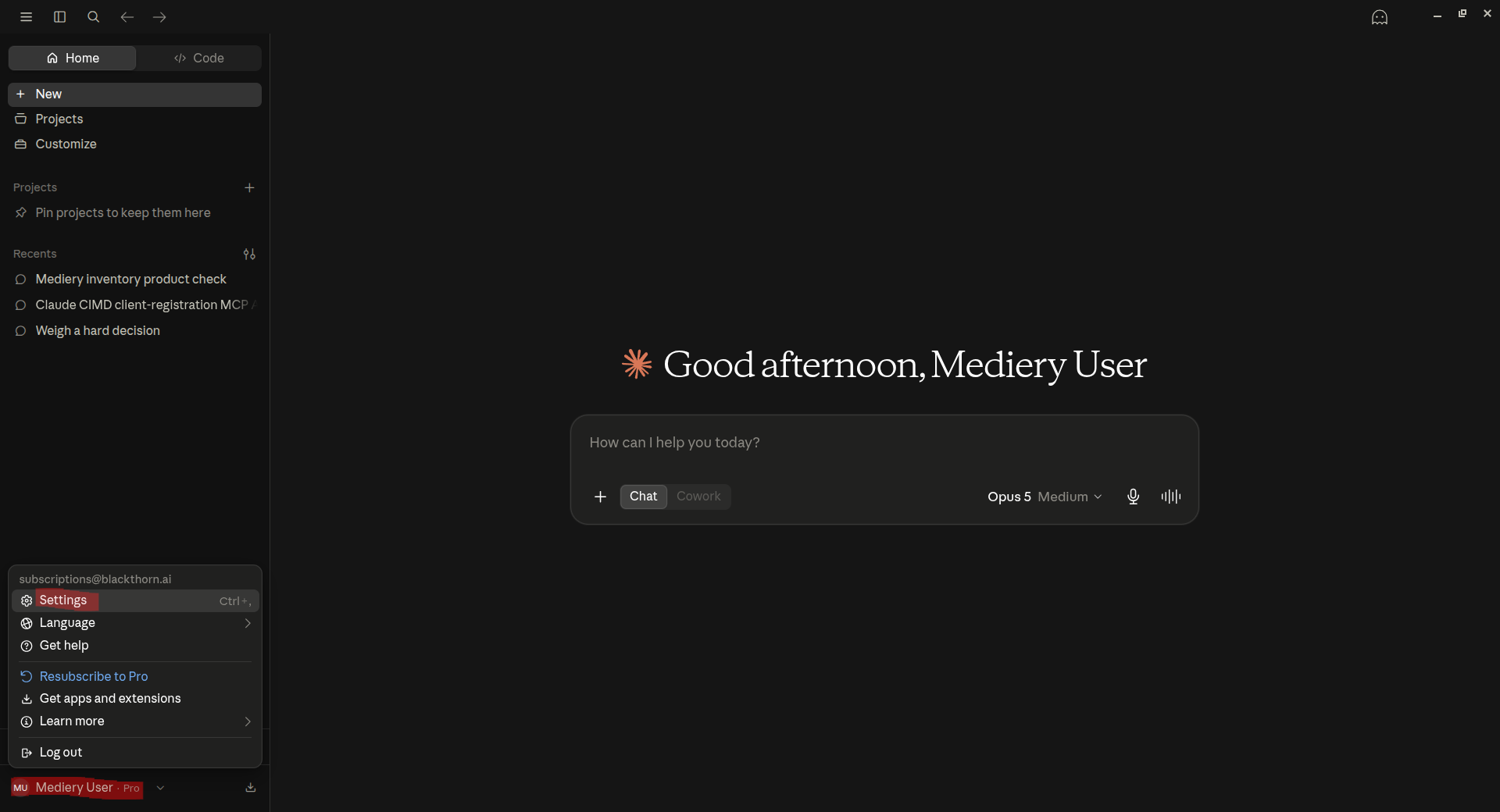 Claude Desktop account menu with Settings highlighted