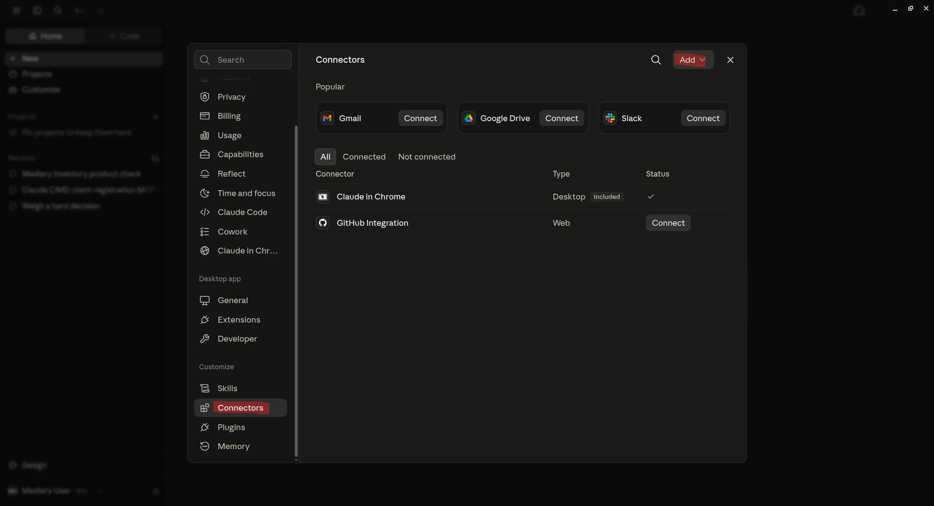 Claude Desktop settings with Connectors selected
