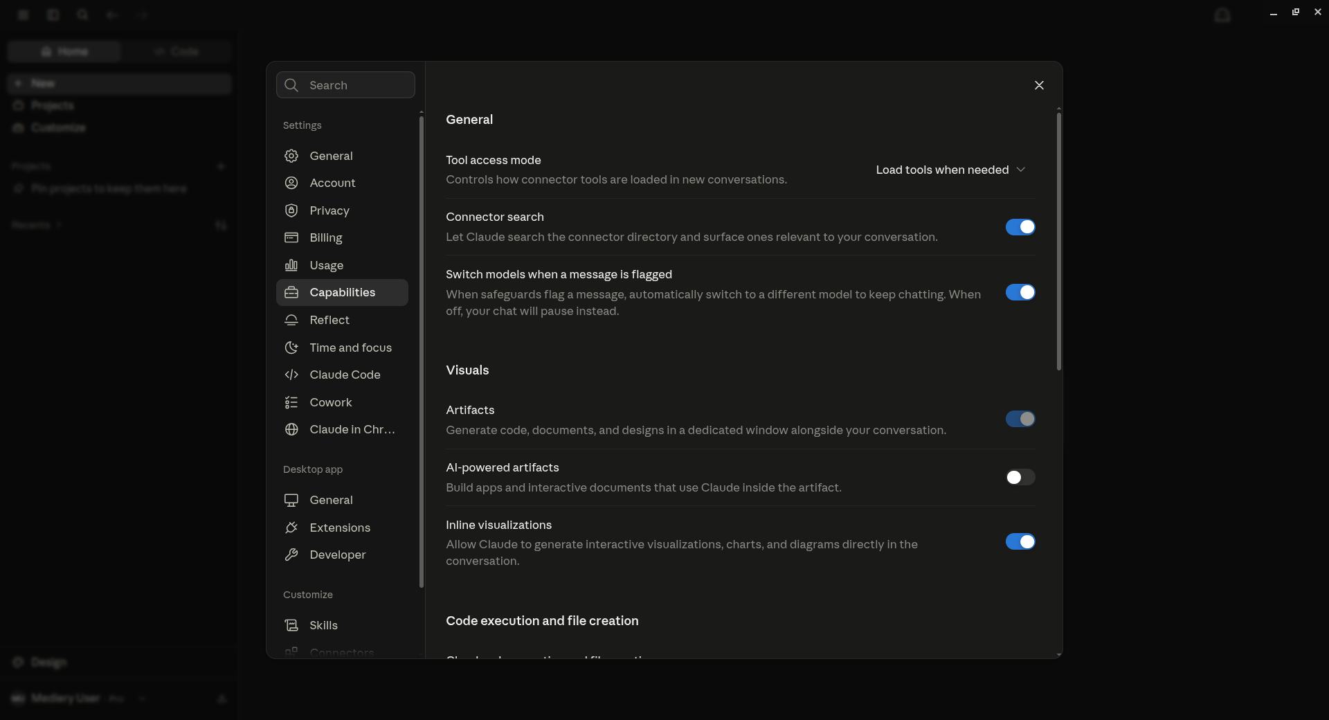 Claude Desktop settings with Capabilities selected