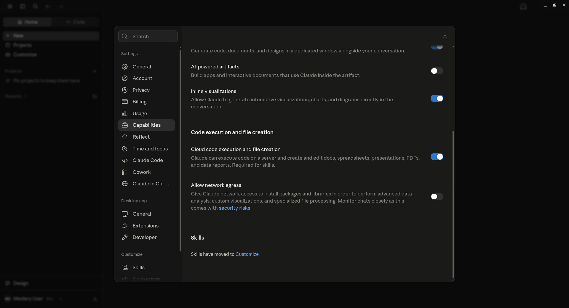 Claude Desktop Capabilities settings showing Cloud code execution and file creation and Allow network egress