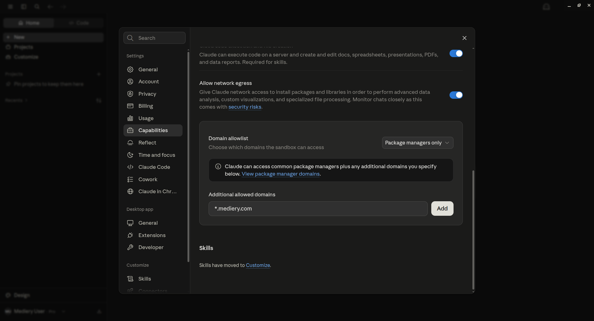 Claude Desktop domain allowlist form with wildcard Mediery domain entered