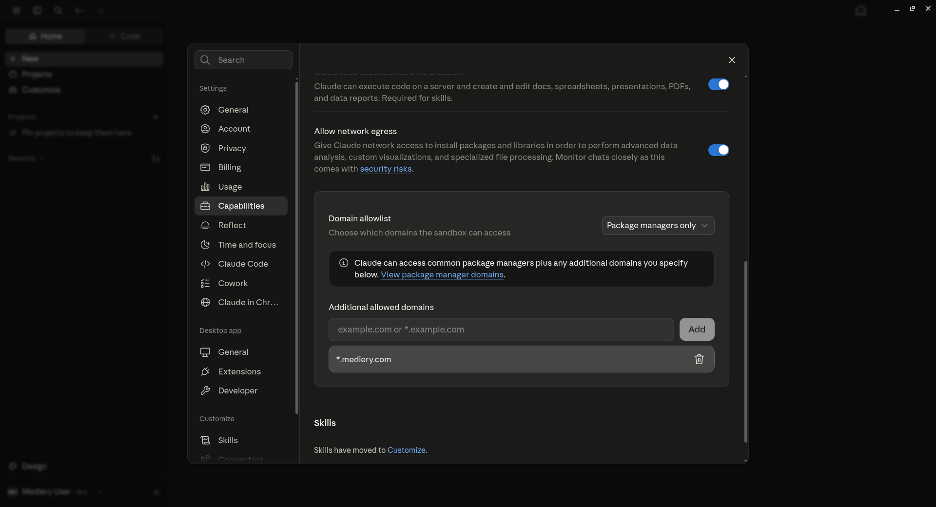 Claude Desktop domain allowlist showing wildcard Mediery domain added