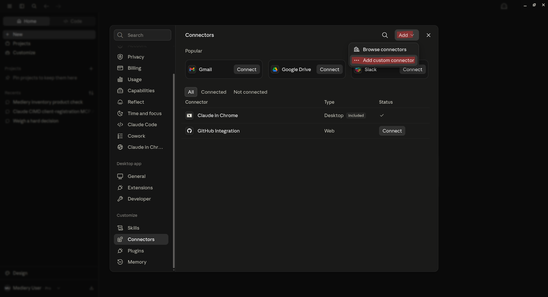 Claude Desktop Add menu with Add custom connector highlighted