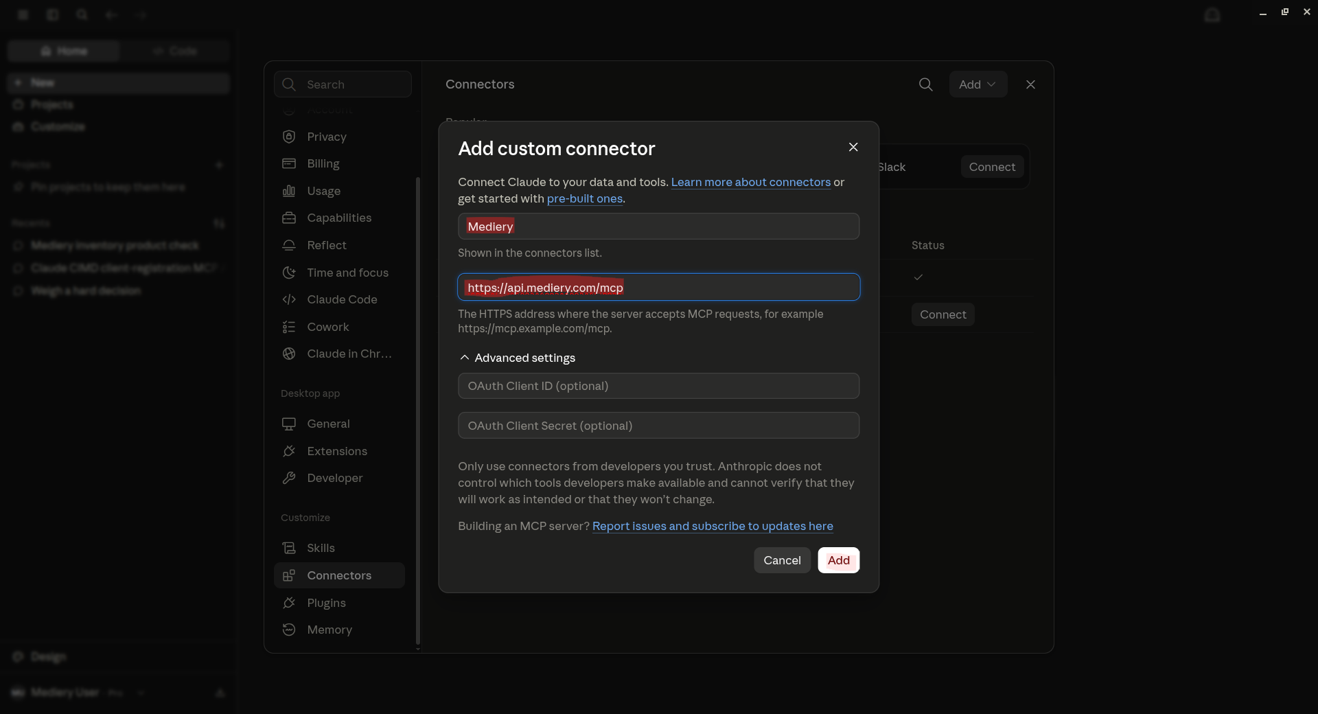 Claude Desktop custom connector form configured for Mediery