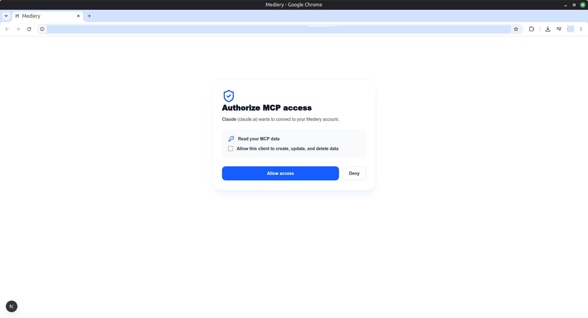 Mediery MCP authorization page opened from Claude.ai