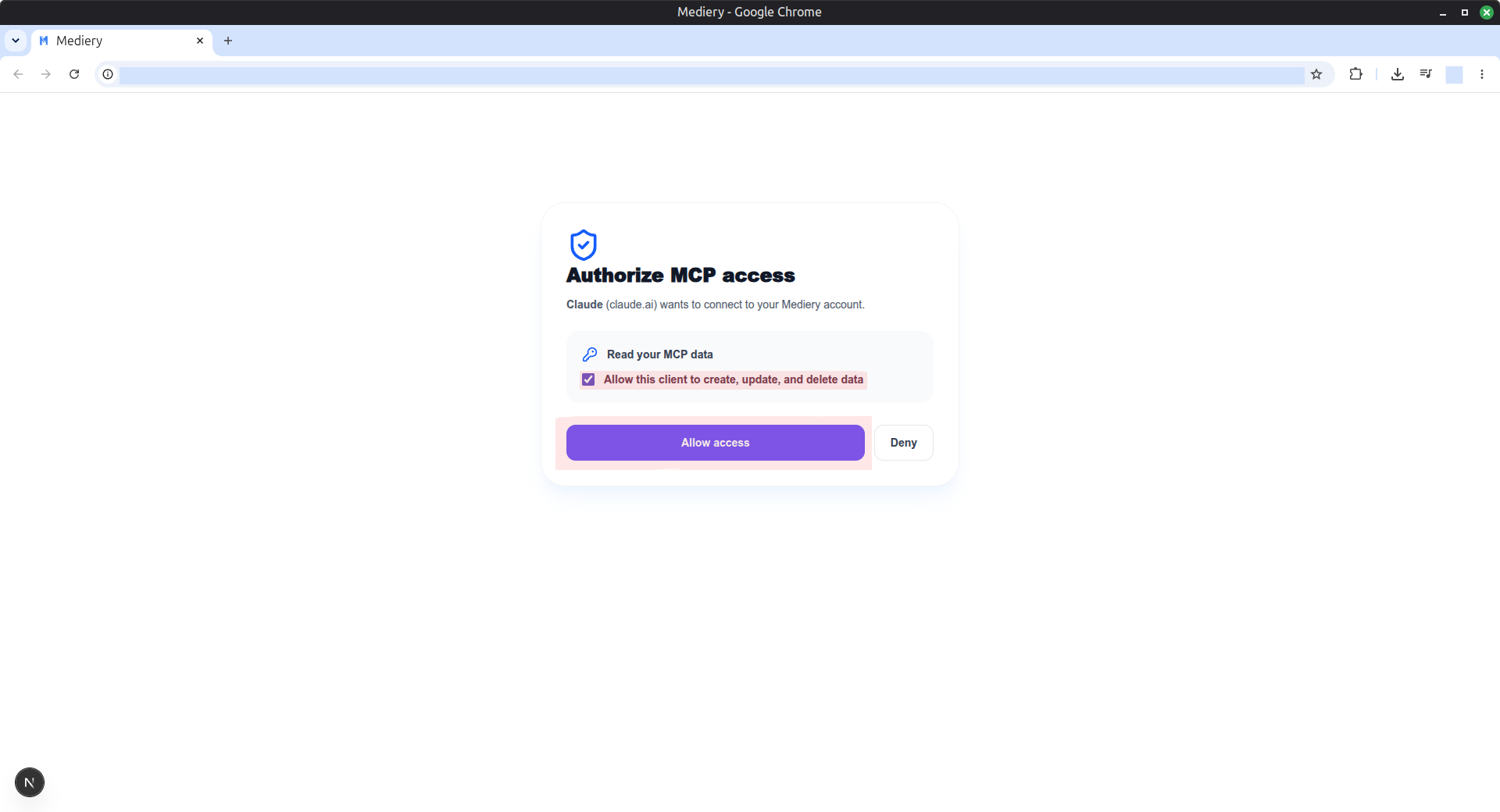Mediery authorization page with optional write access selected