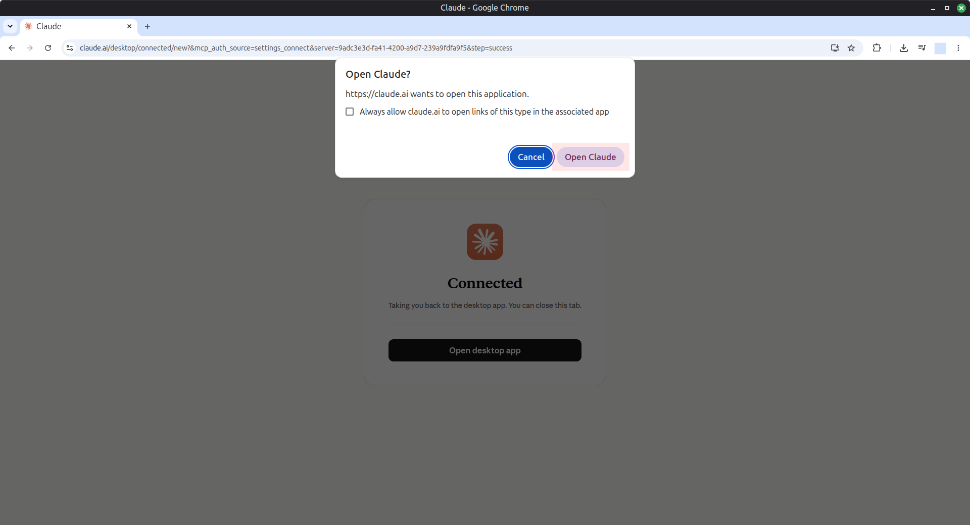OAuth success page with Open Claude highlighted