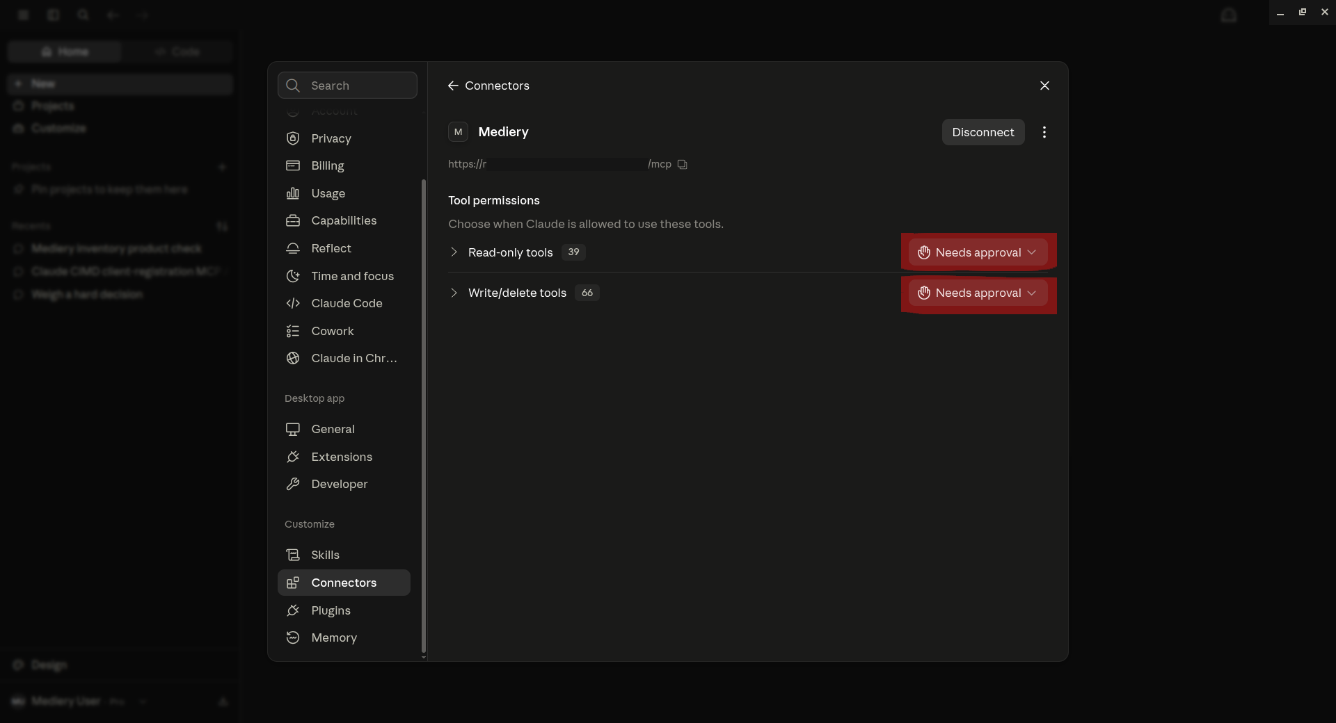 Connected Mediery connector showing tools and approval policies
