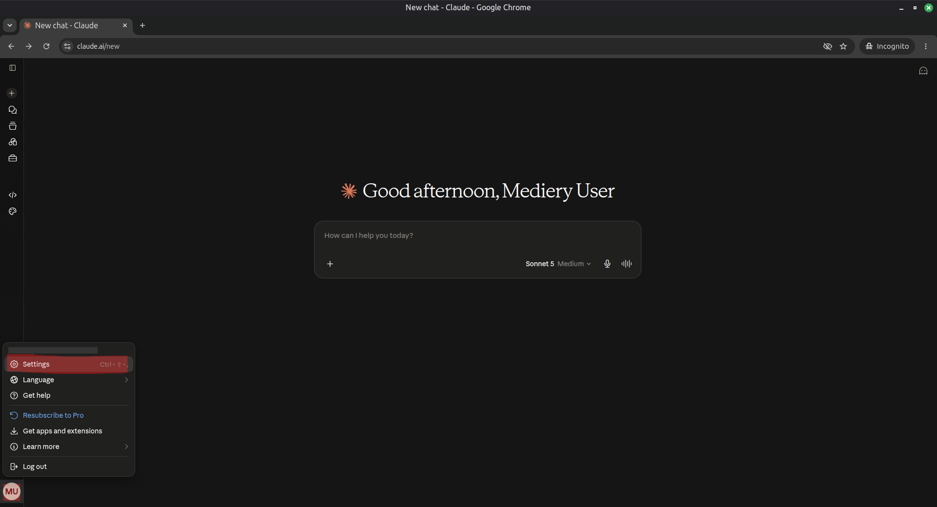 Claude.ai profile menu with Settings highlighted