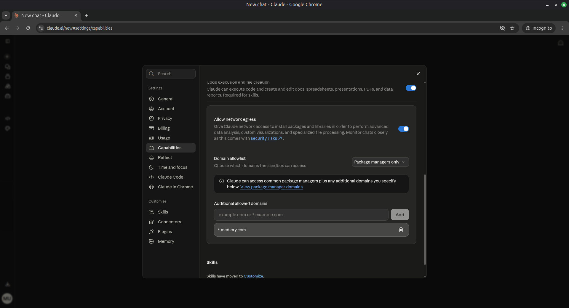 Claude.ai domain allowlist showing wildcard Mediery domain added