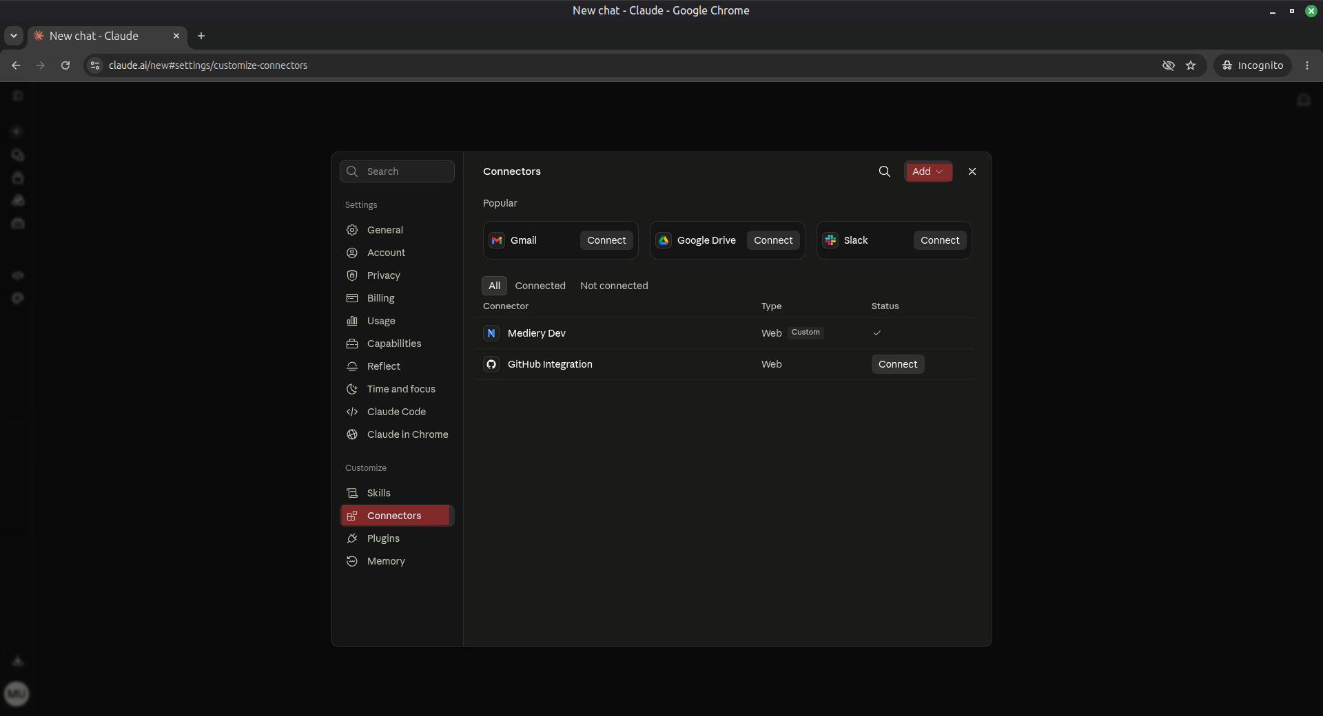 Claude.ai settings with Connectors selected