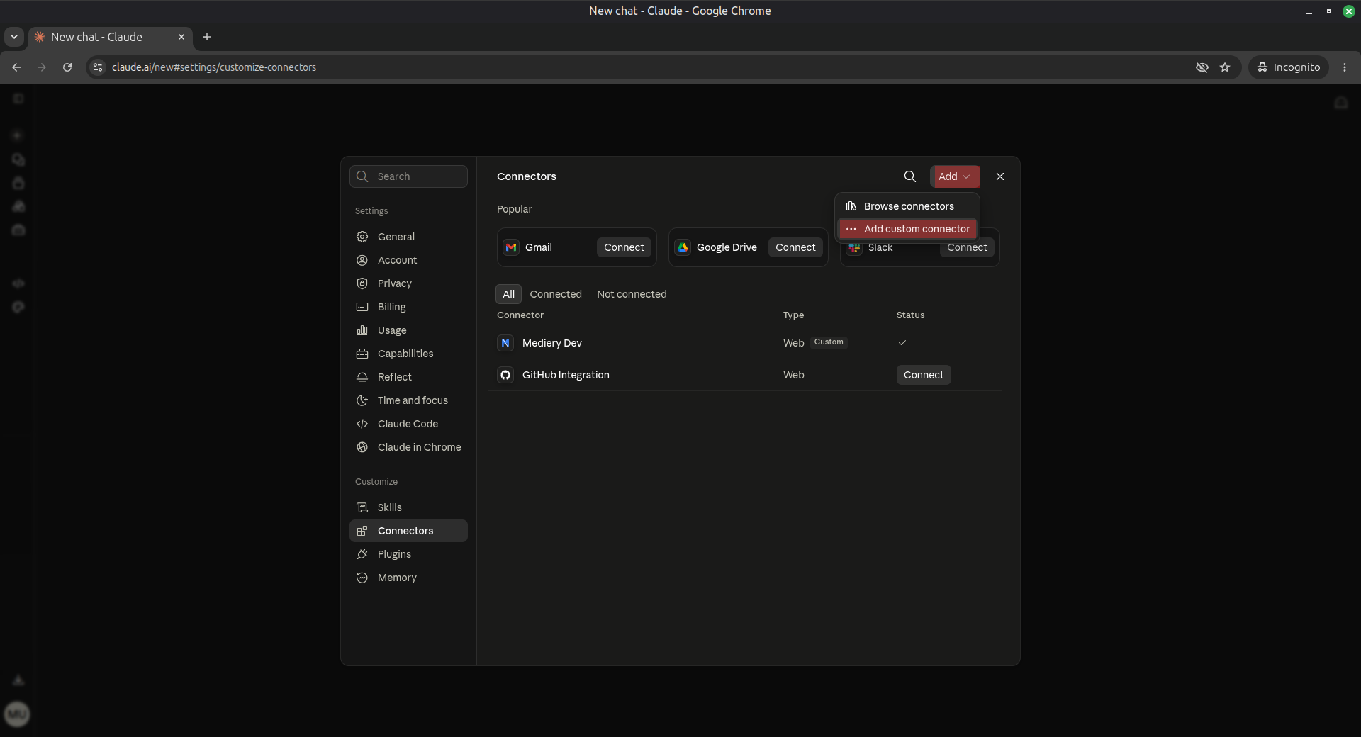 Claude.ai Add menu with Add custom connector highlighted