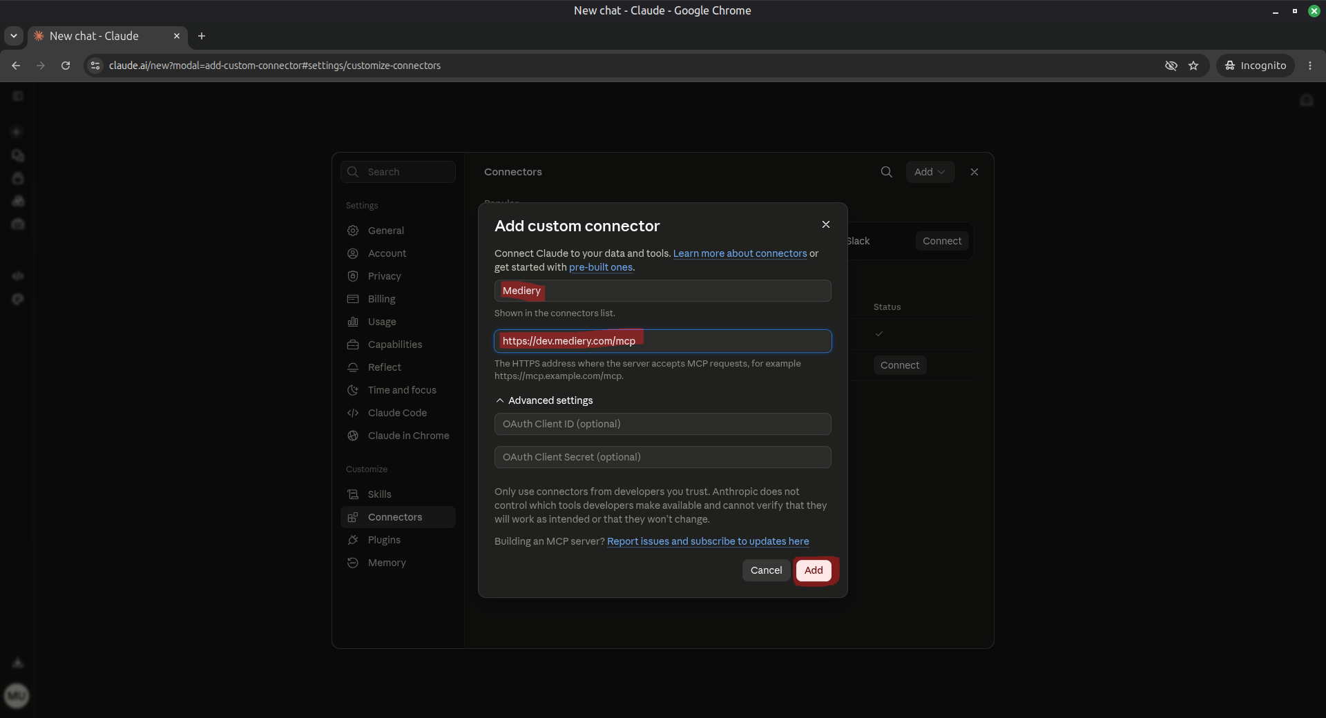 Claude.ai custom connector form configured for Mediery