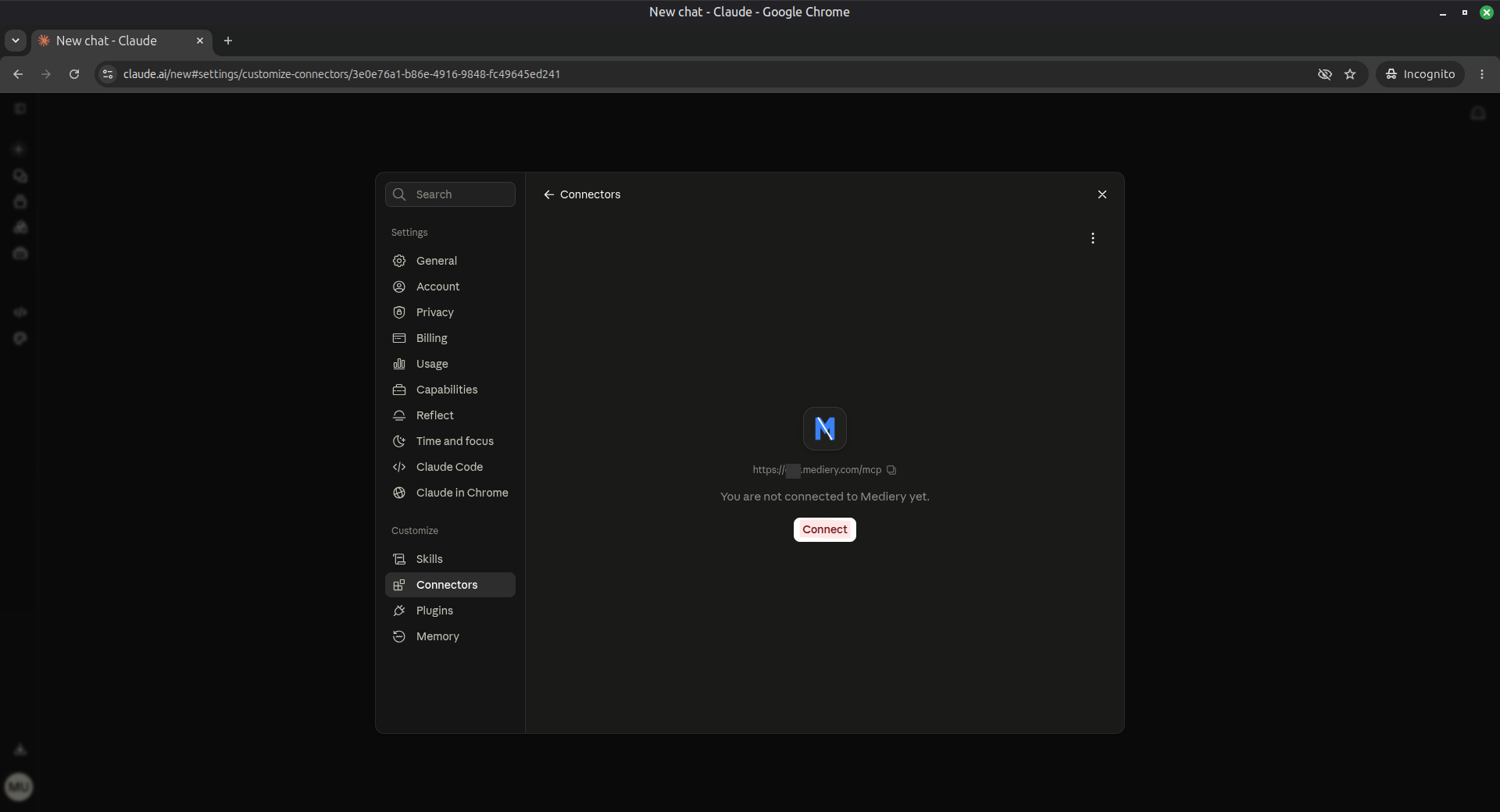 Mediery connector details in Claude.ai with Connect highlighted