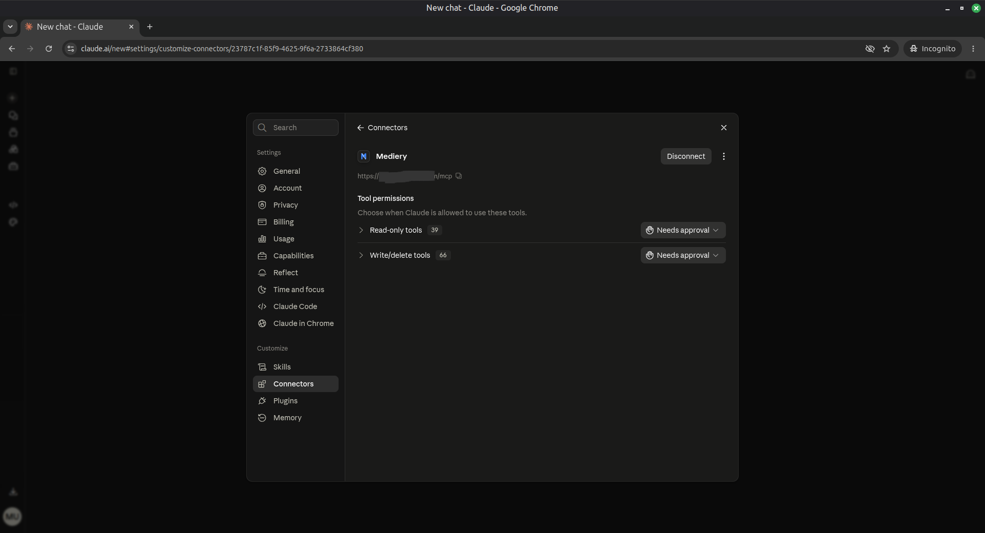 Connected Mediery connector showing tool approval policies in Claude.ai