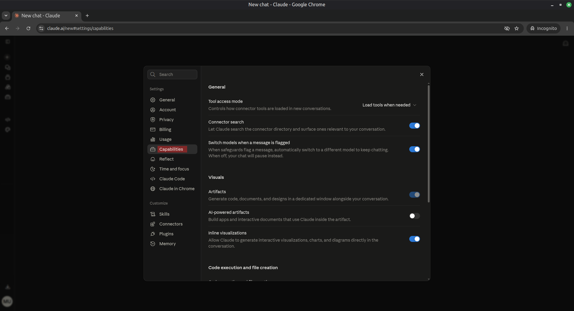 Claude.ai settings with Capabilities selected