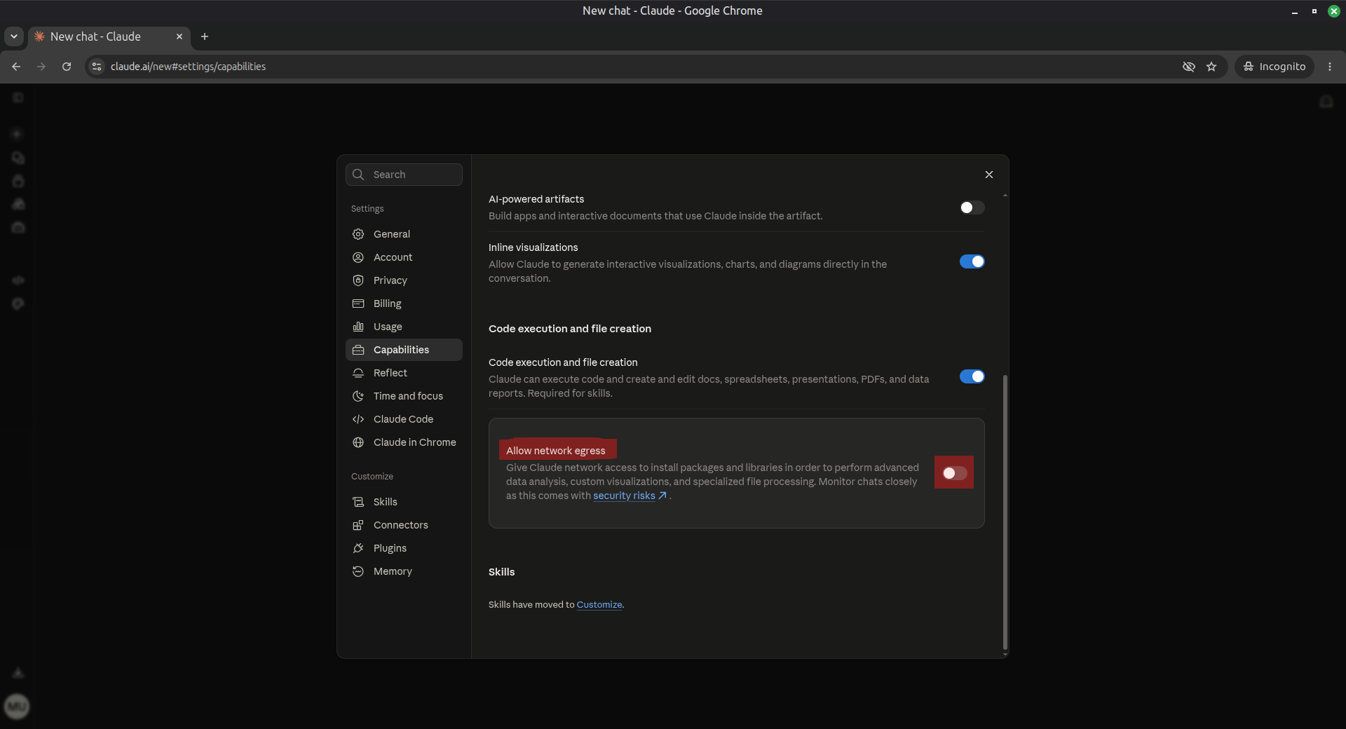 Claude.ai Capabilities settings showing Code execution and file creation and Allow network egress