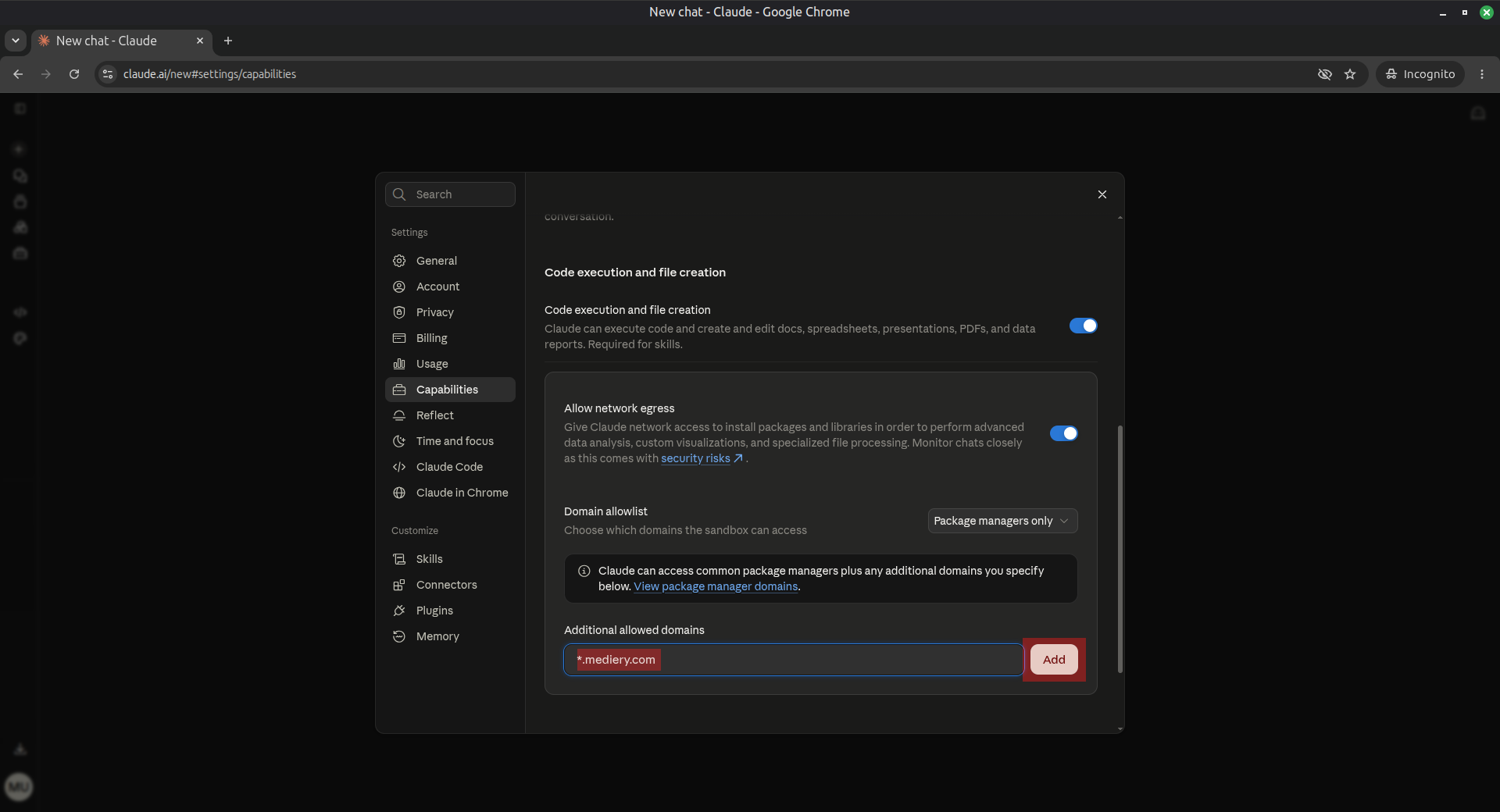 Claude.ai domain allowlist form with wildcard Mediery domain entered
