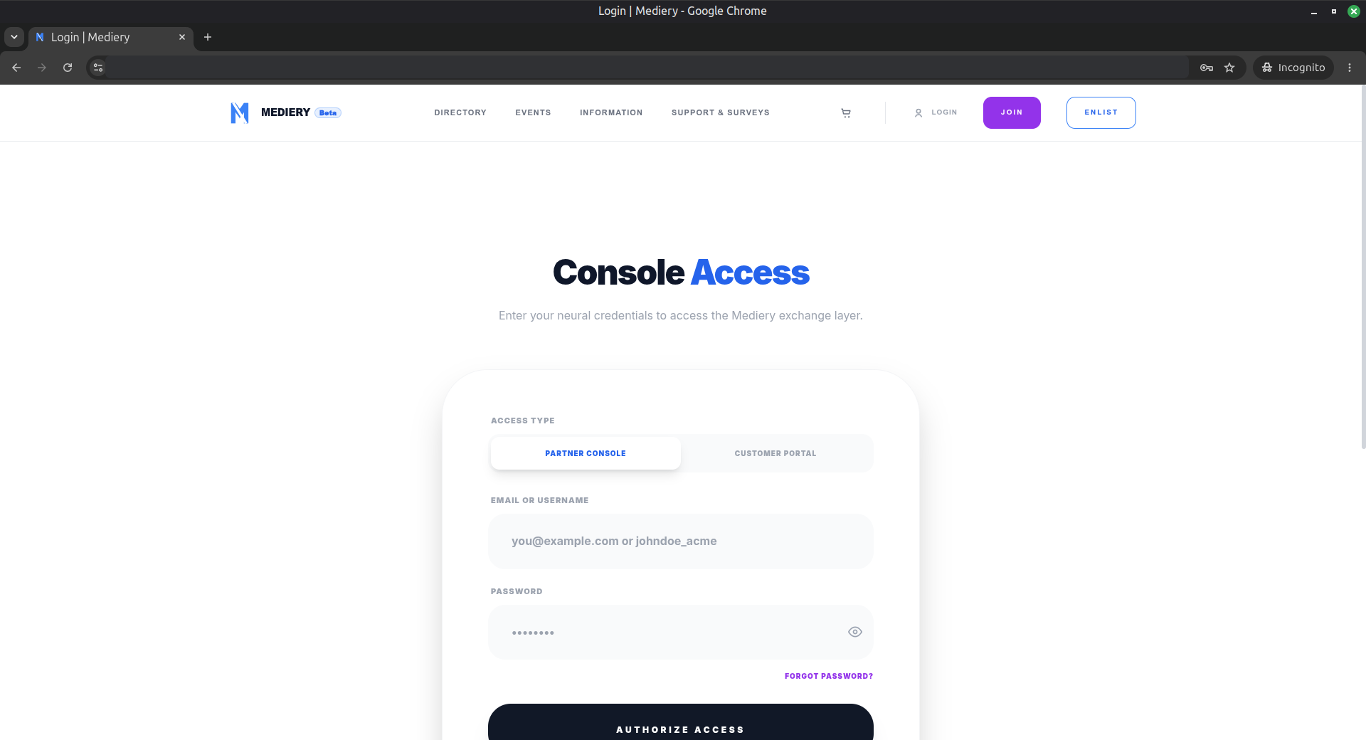 Mediery login page with Partner Console selected and the browser URL masked